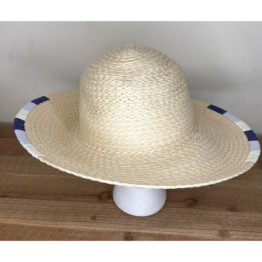 LC Lauren Conrad Women's Packable Straw Sun Hat Beige Navy Blue Striped Brim